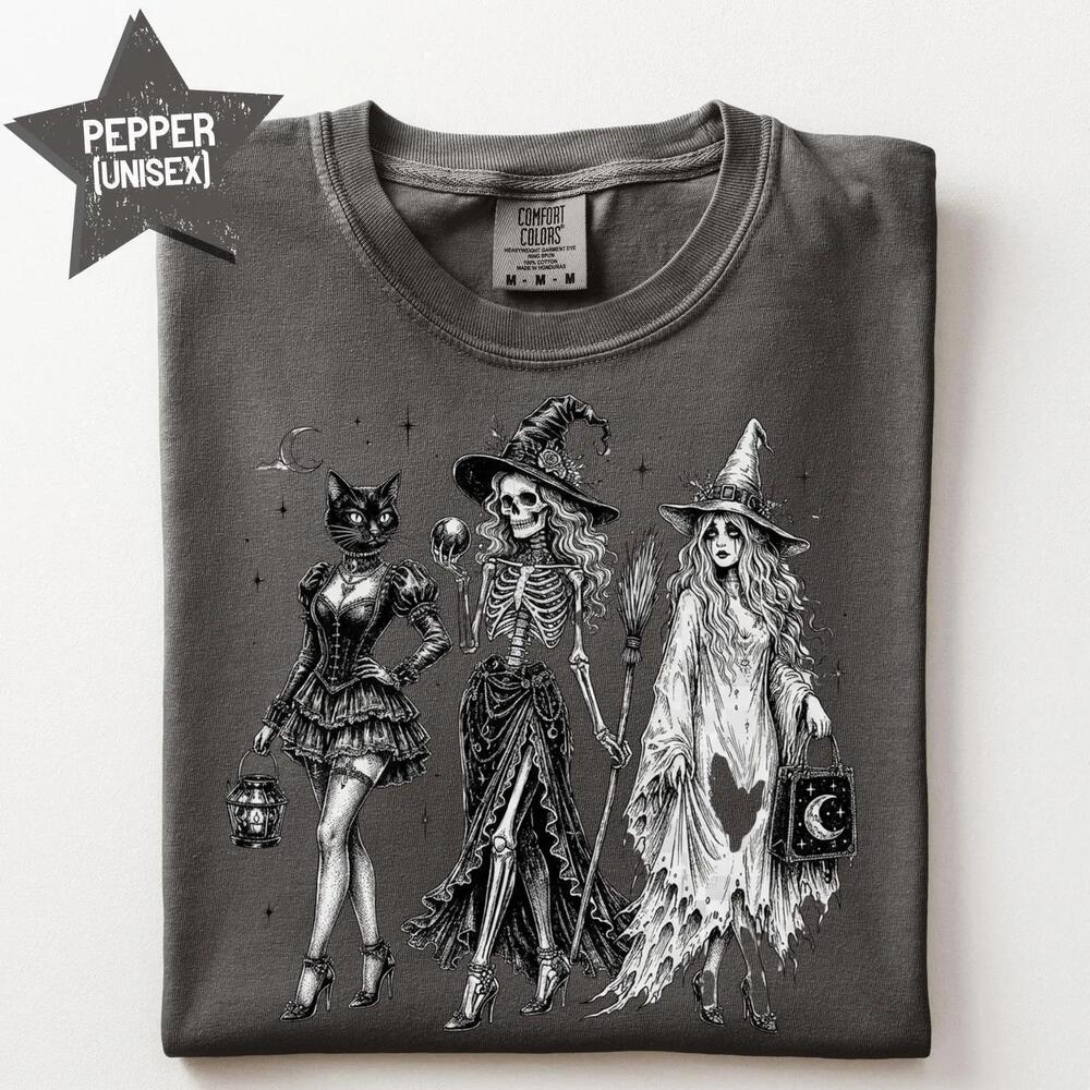 Witch Shirt, Gothic Skeleton Graphic Tee, 90S Black Cat Halloween